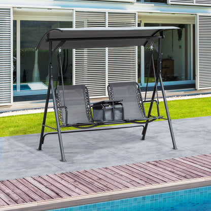 2 Person Covered Porch Swing Patio Swing with Pivot Storage Table, Cup Holder, & Adjustable Overhead Canopy, Grey