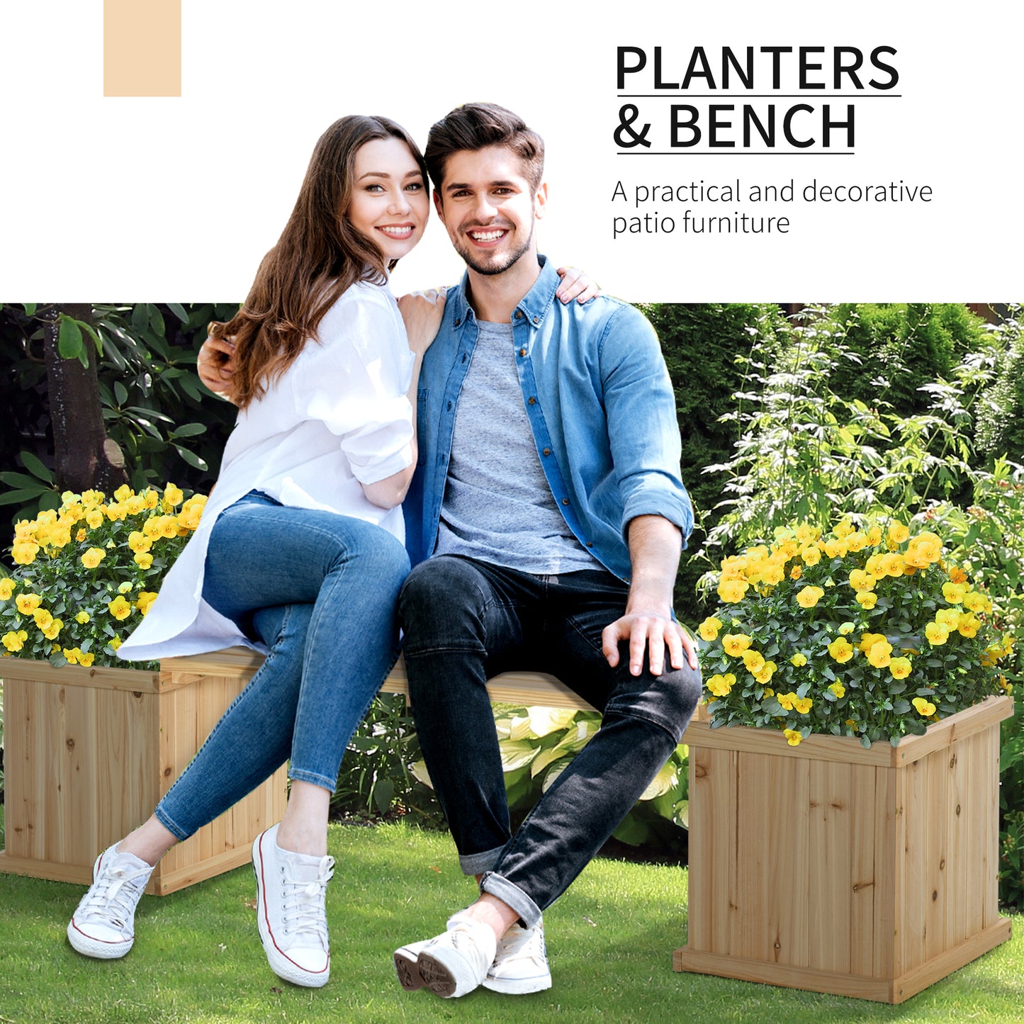 Garden Planter with Raised Garden Bed Bench for Patio Park, 69.25" x 15" x 15.75", Natural