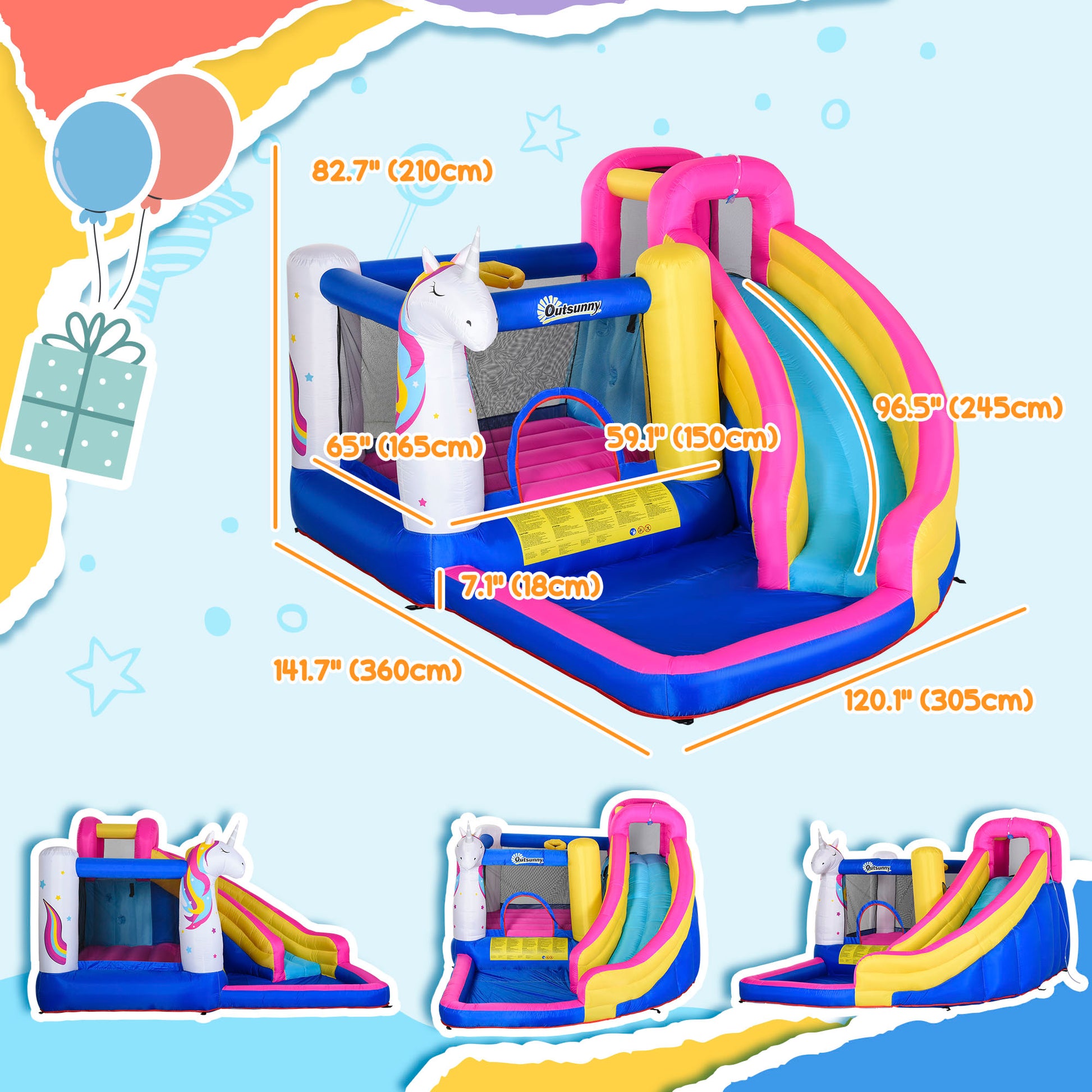 Kids 5 in 1 Inflatable Bounce Castle House, Trampoline Water Slide Pool Climbing Wall with Inflator for Kids Age 3-12 Summer 12.4' x 10.5' x 6.9' - Multi-color