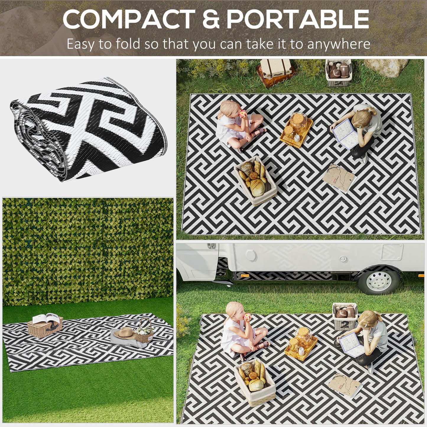 Reversible Outdoor RV Rug, Patio Floor Mat, 5' x 8' Plastic Straw Rug for Backyard, Deck, Beach, Camping, Black & White
