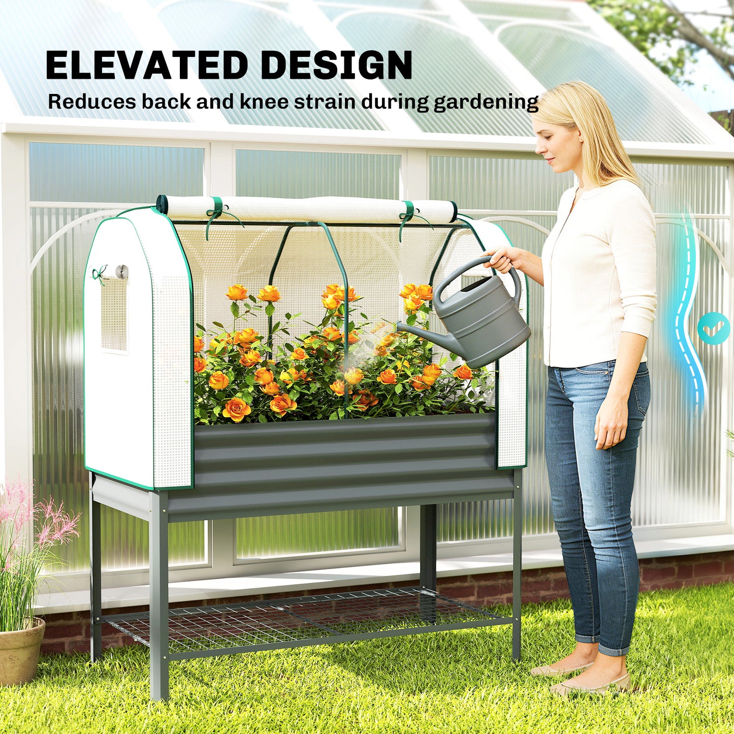 Galvanised Raised Garden Bed with Greenhouse Cover, Metal Elevated Planter Box with Bed Liner, Bottom Shelf, Dark Grey