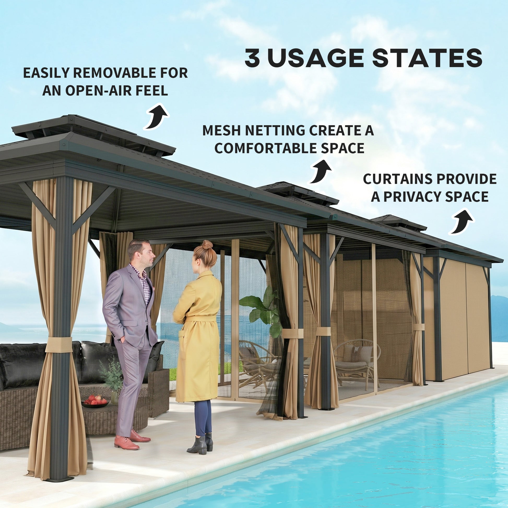 10' x 12' Hardtop Gazebo, Sun Shelter with Double Tier Metal Roof, Mosquito Netting, and Hanging Hook, Dark Brown