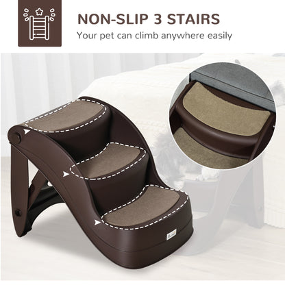 Dog Stairs for Small Dogs 15"H, 3-Step Foldable Pet Step with Non-Slip Treads, for Injured, Old, Puppy, Cats, for High Bed, Sofa, Couch, Chair, Lightweight, Brown