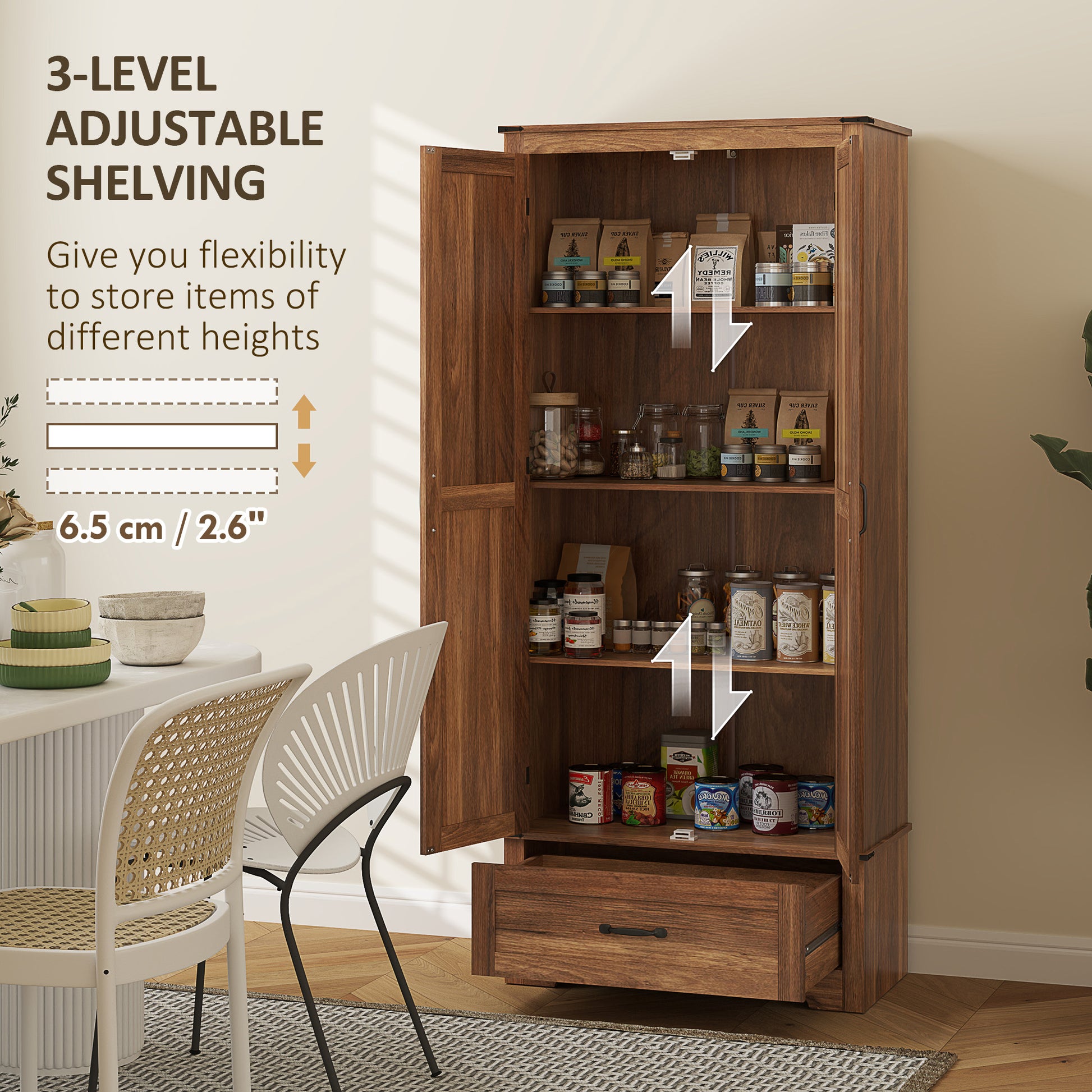 72" Farmhouse Pantry Cabinet with Adjustable Shelves, Kitchen Pantry Cabinet with 2 Doors, Brown