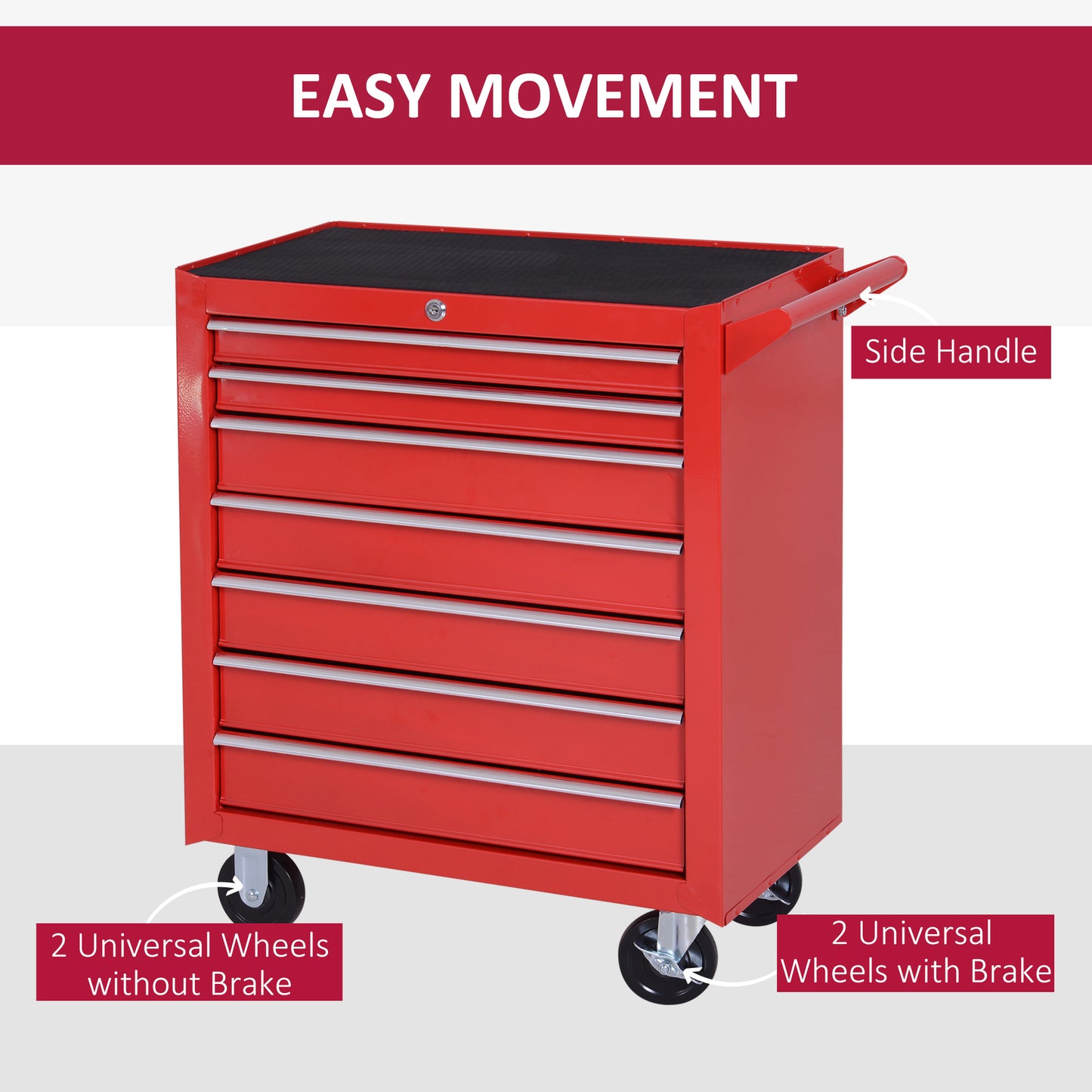 Rolling Tool Chest, 7-Drawer Lockable Tool Cabinet with 4 Wheels, Handle, Toolbox Storage Organizer for Garage, Workshop, Repair Shop, Red