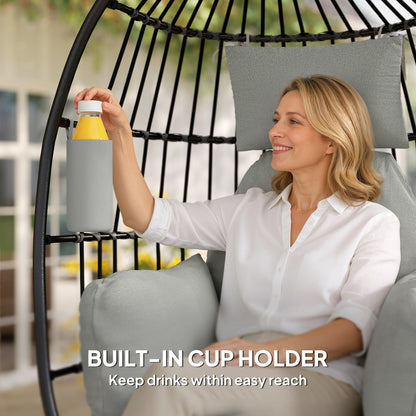Hanging Egg Chair Without Stand, Foldable Basket Swing Chair with Head Pillow, Soft Cushion and Cup Holder, Dark Grey