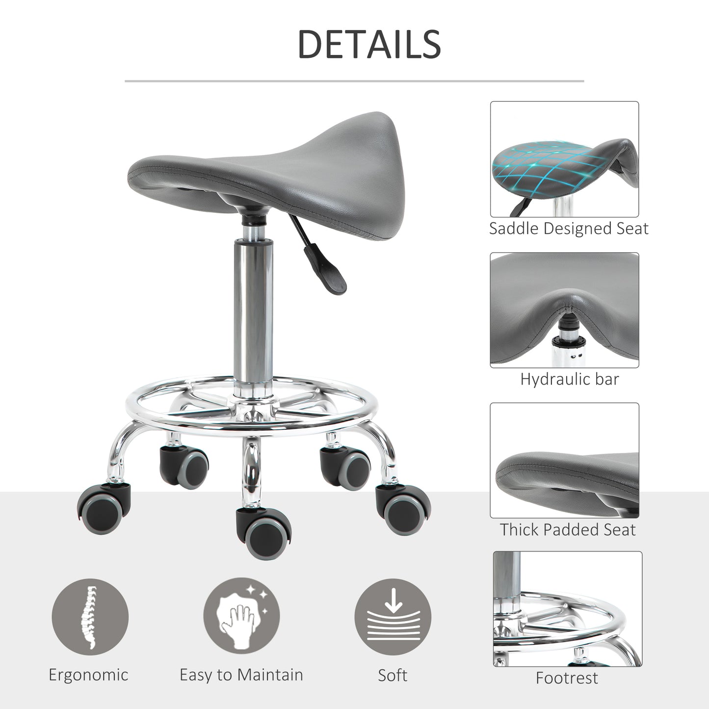Saddle Stool, PU Leather Adjustable Rolling Salon Chair for Massage, Spa, Clinic, Beauty and Tattoo, Grey