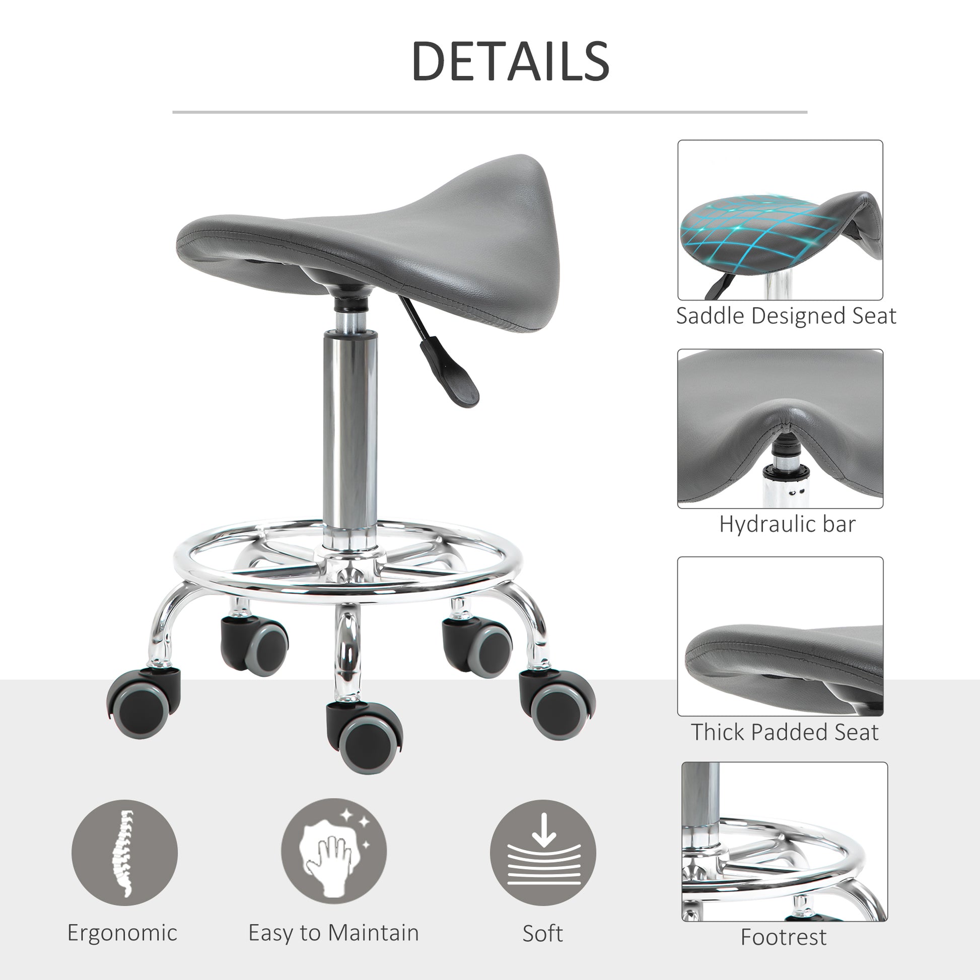 Saddle Stool, PU Leather Adjustable Rolling Salon Chair for Massage, Spa, Clinic, Beauty and Tattoo, Grey