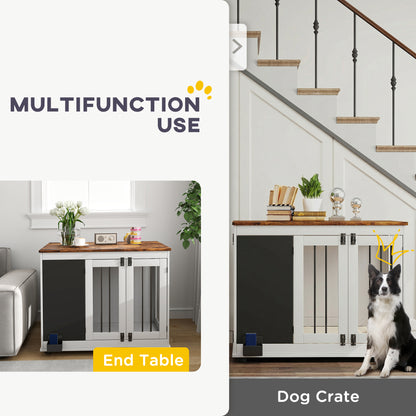 39" Dog Crate Furniture Side End Table for Large Dogs w/ Blackboard, Three Doors, White