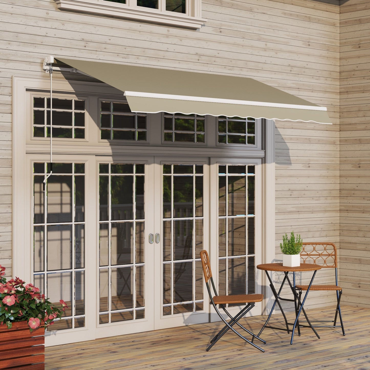 8'x7' Patio Awning Manual Retractable Sun Shade Outdoor Deck Canopy Shelter, Khaki