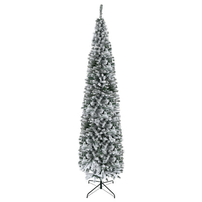 9ft Flocked Christmas Tree, Pencil Christmas Tree with Realistic Branch Tips, Folding Metal Stand, Green