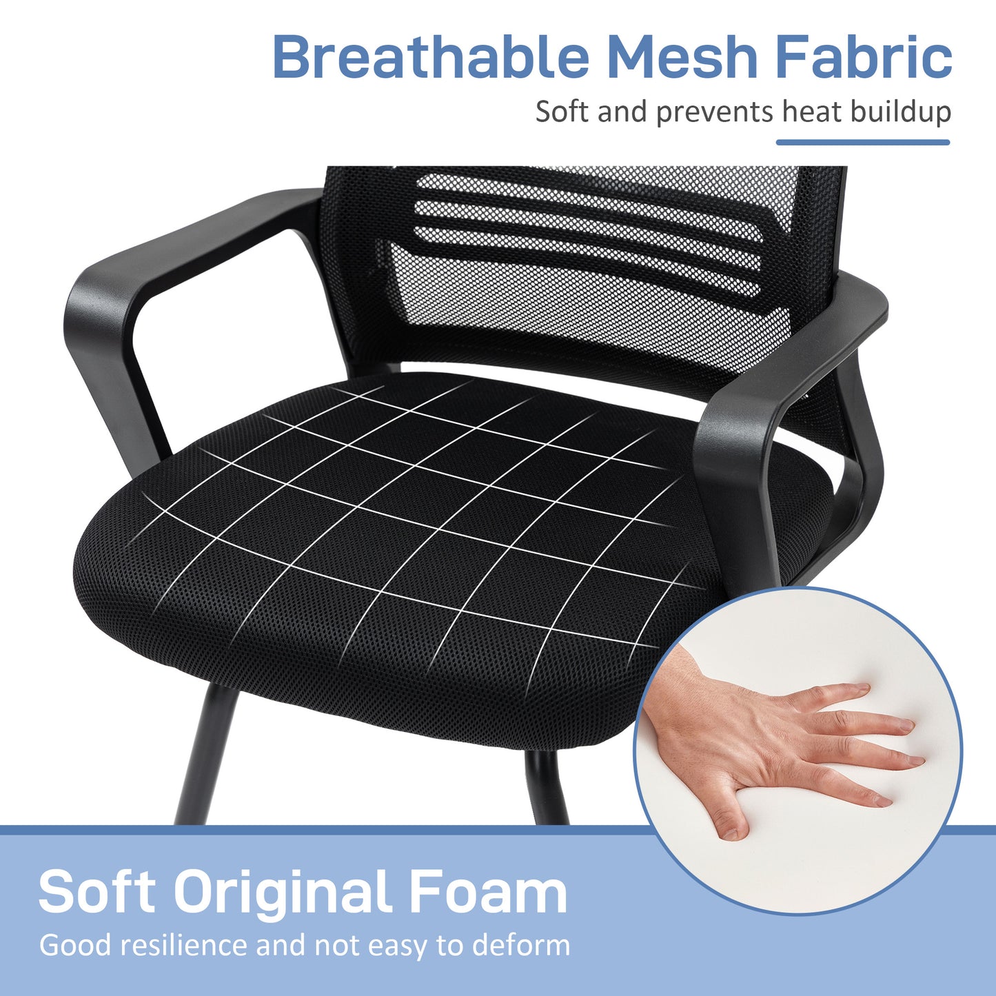 Ergonomic Desk Chair No Wheels, Padded Mesh Office Reception Chair with Sled Base, Black