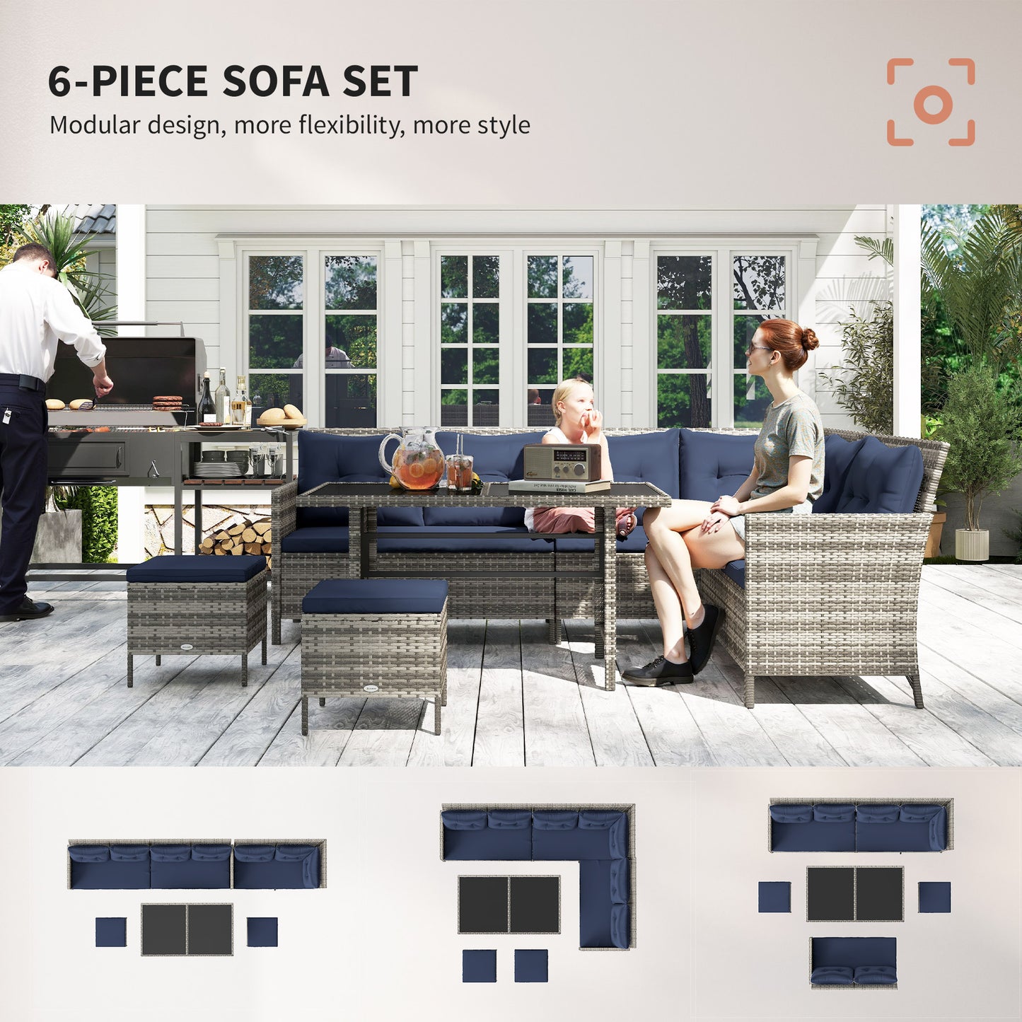 6pcs Outdoor Rattan Sofa Set Garden Wicker Sectional Couch Furniture Set with Dining Table and Chair Deep Blue