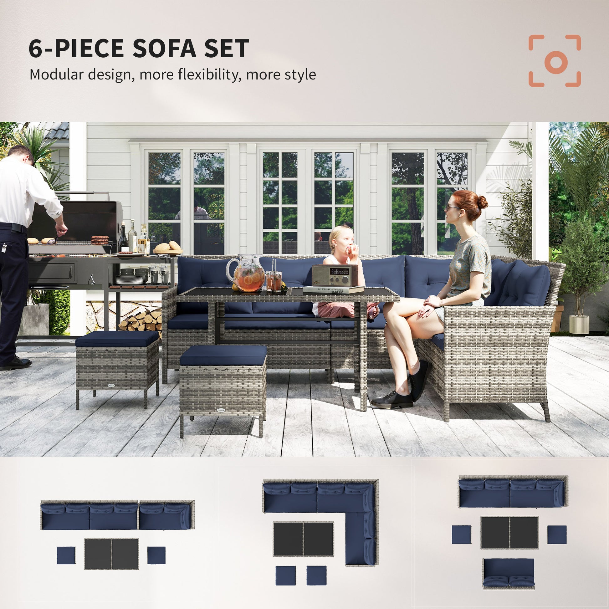 6pcs Outdoor Rattan Sofa Set Garden Wicker Sectional Couch Furniture Set with Dining Table and Chair Deep Blue