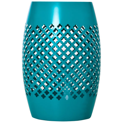 12" Steel Patio End Table, Round Hollow Drum Side Table, Accent Table for Indoor and Outdoor, Teal