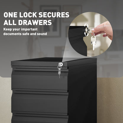 3 Drawer Filing Cabinet with Lock, Steel Office Storage Cabinet with Hanging Bar for A4, Legal, Letter Files, Black