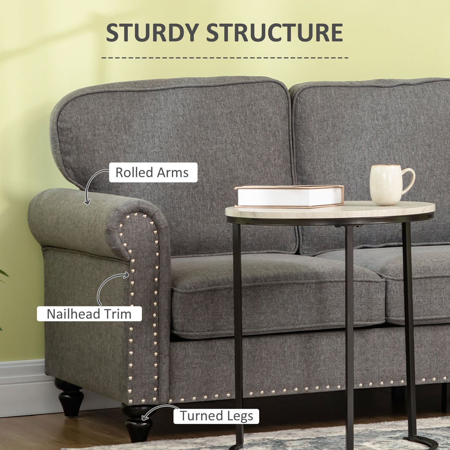 3-Seater Sofa Couch, 81" Modern Upholstered Linen Fabric Sofa with Rubberwood Legs, Nailhead Trim and Rolled Arms for Living Room, Bedroom and Apartment, Grey
