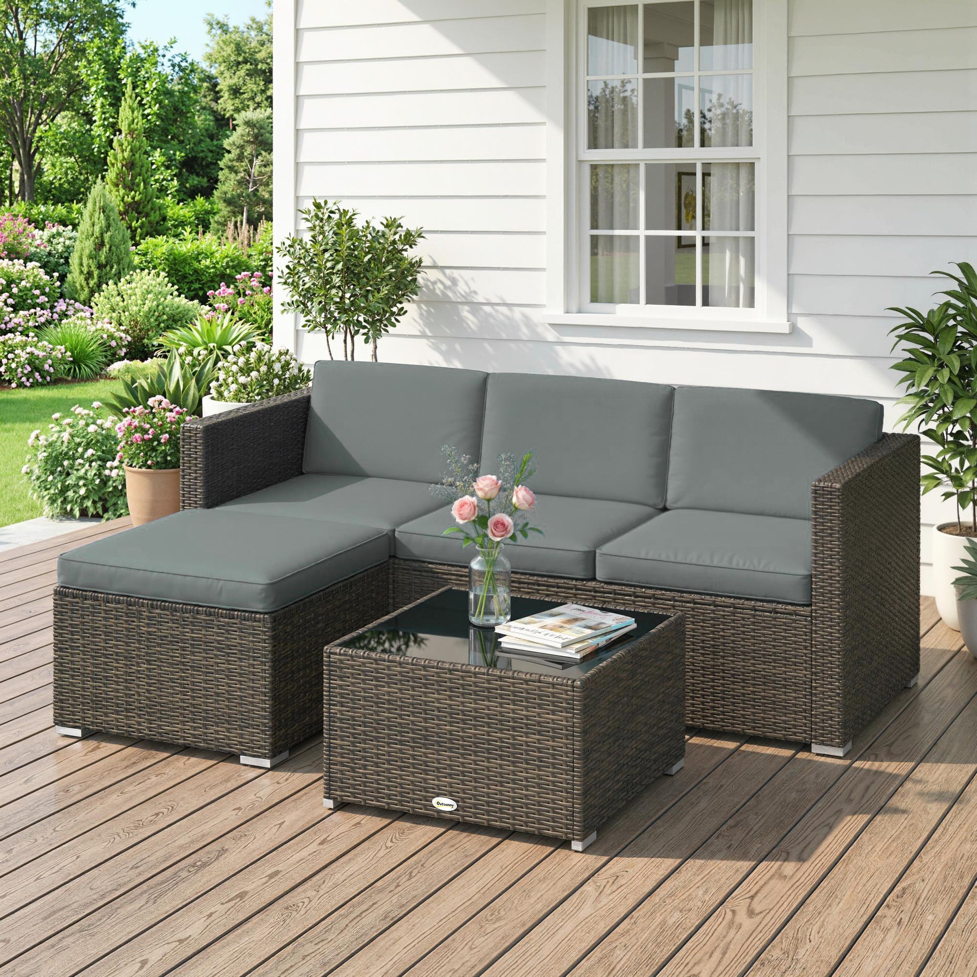 3 Pieces Patio Furniture Set with Cushions, Outdoor PE Rattan Wicker Conversation Corner Sofa Set, Dark Grey