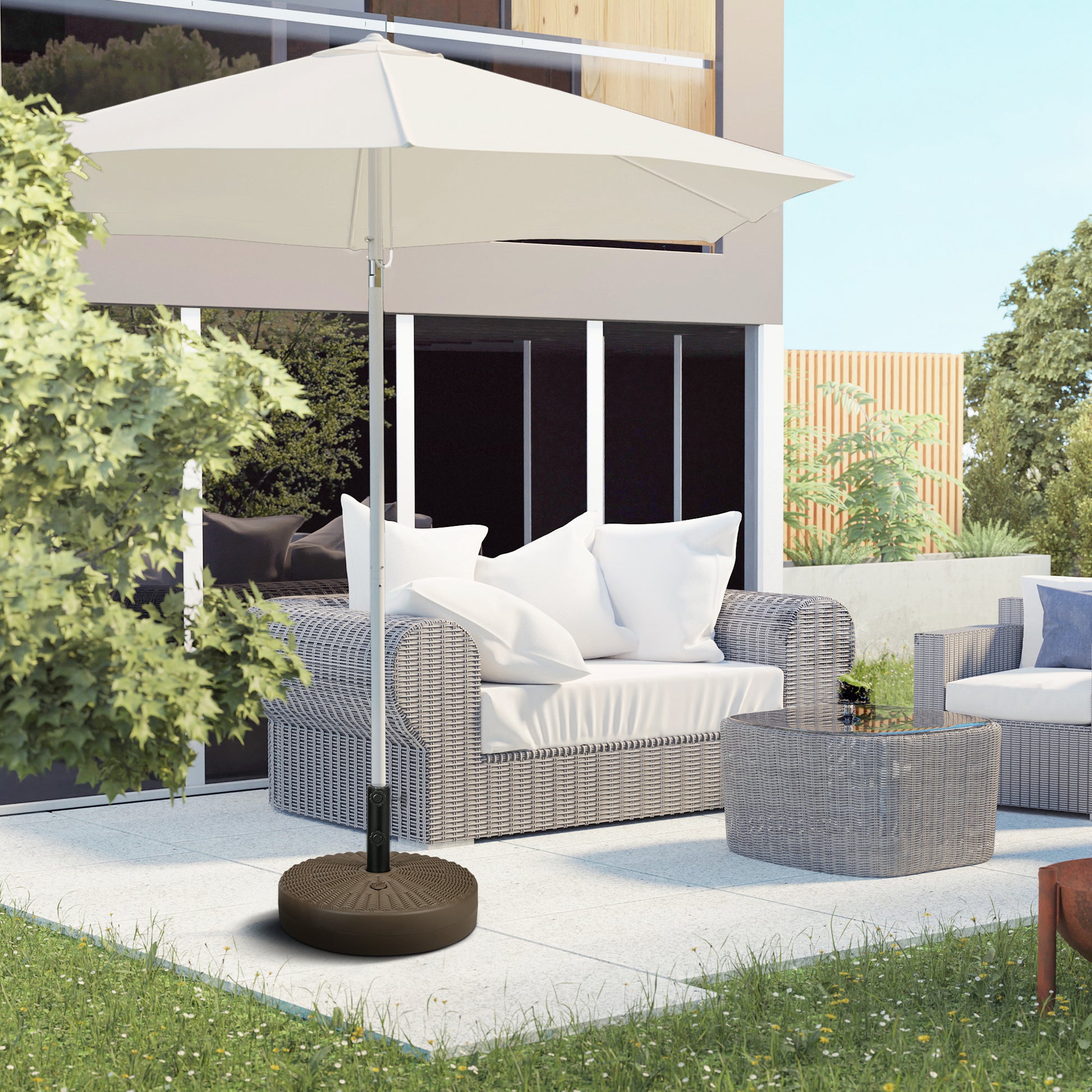 Umbrella Base, Heavy Duty Fillable Base Holder with Steel Pole, Round Parasol Stand for Patio, Outdoor, Backyard, Brown