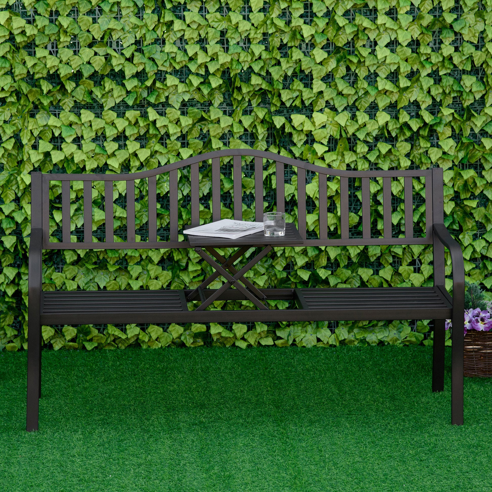 Metal Outdoor Bench with Liftable Middle Table, Patio Loveseat, Garden Bench for Lawn, Porch, Seats 2–3 People, Black