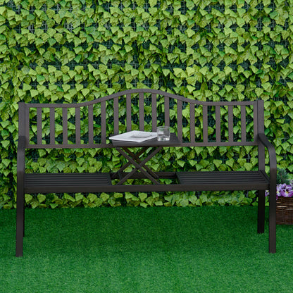Metal Outdoor Bench with Liftable Middle Table, Patio Loveseat, Garden Bench for Lawn, Porch, Seats 2–3 People, Black