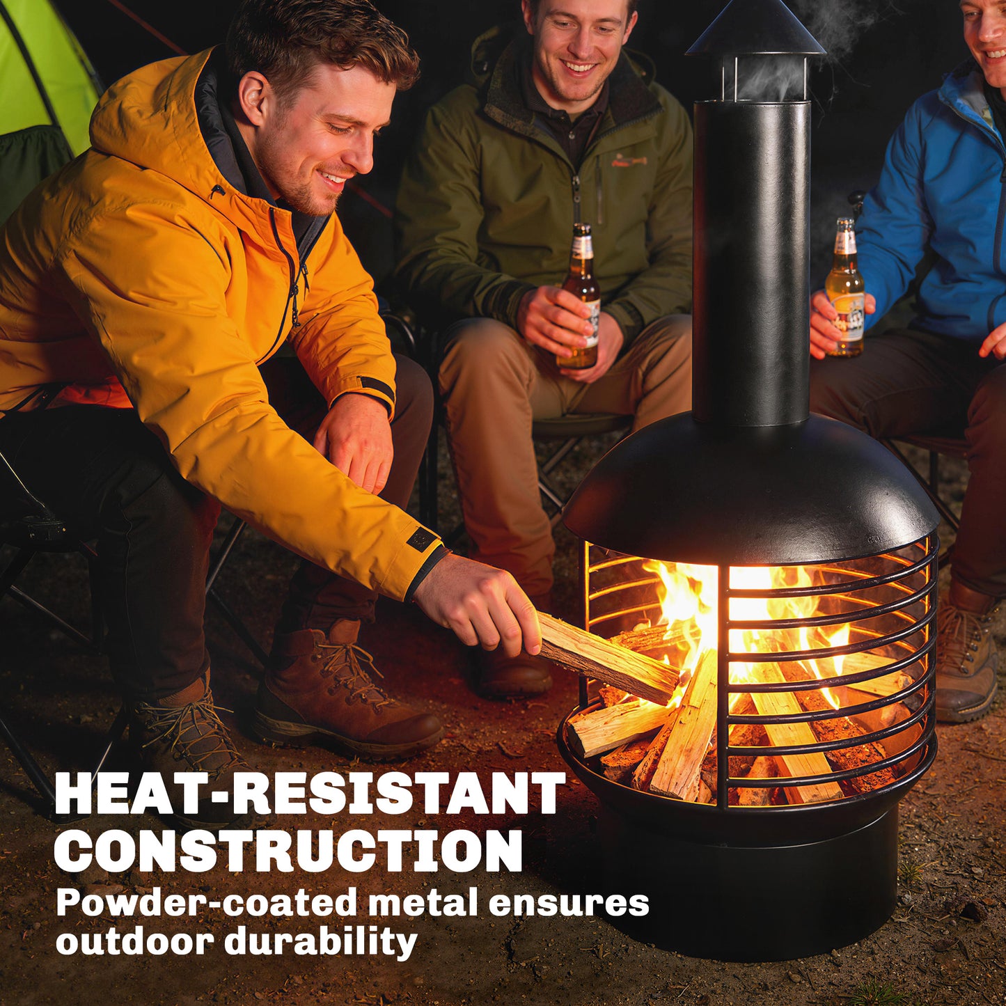 Outdoor Fire Pit, Portable Wood Burning Firepit with Poker, Charcoal Grid, Modern Chimney Design Fireplace, Black