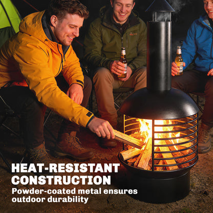 Outdoor Fire Pit, Portable Wood Burning Firepit with Poker, Charcoal Grid, Modern Chimney Design Fireplace, Black