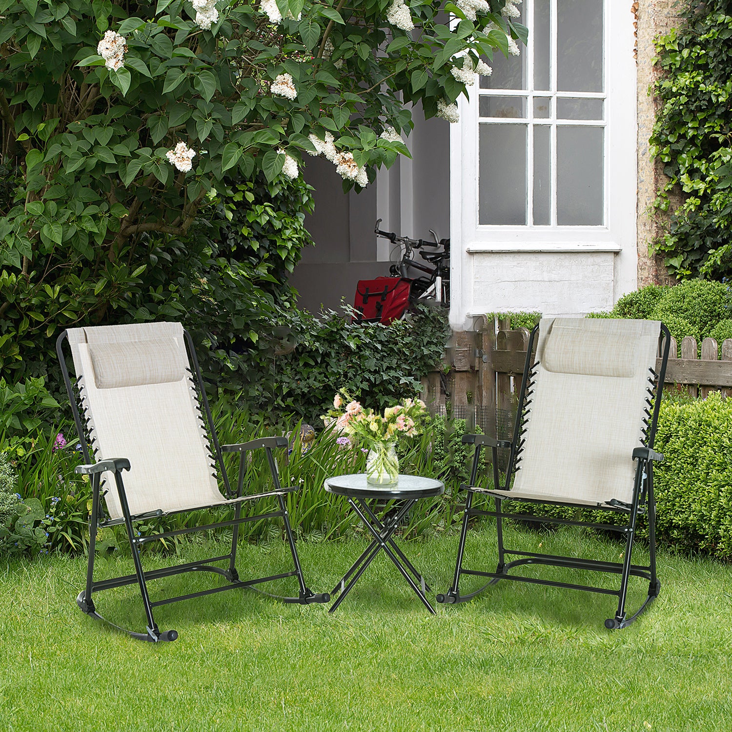3pc Patio Rocking Chair Set, Folding Outdoor Rocking Chairs and Table Bistro Set w/ Breathable Mesh Seat & Backrest, Headrest for Park, Backyard, Garden, Cream White