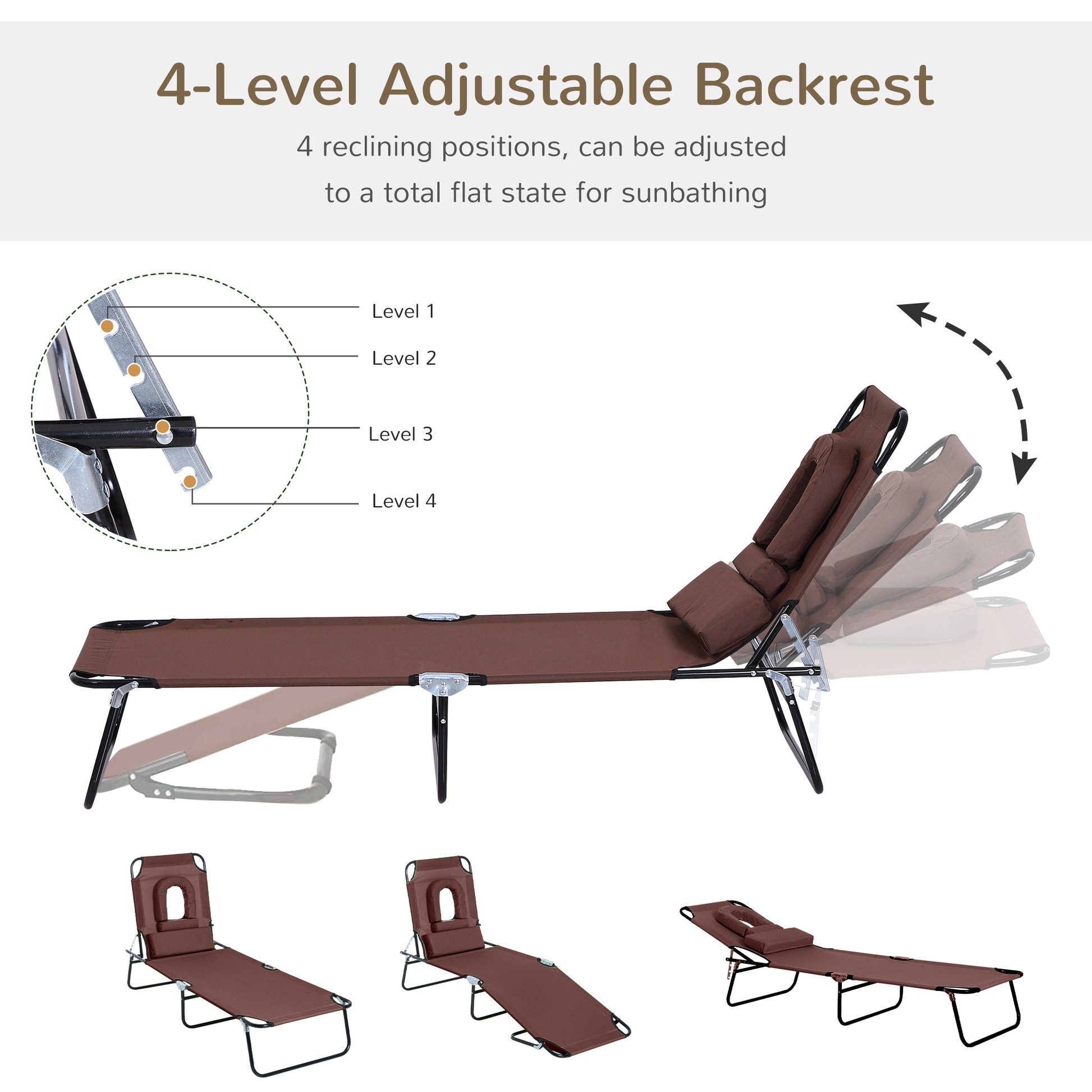 Folding Chaise Lounge Chair, Reclining Beach Tanning Chair with Face Hole, Pillow, 4-Position Adjustable Lay Flat Sun Lounger, Steel Frame for Outdoor Patio Pool, Brown