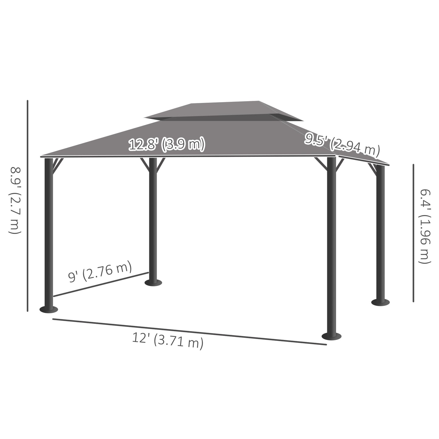 13' x 10' Patio Gazebo Canopy with 2-Tier Polyester Roof, Vented Mesh Sidewall & Strong Aluminum Frame, Medium Grey
