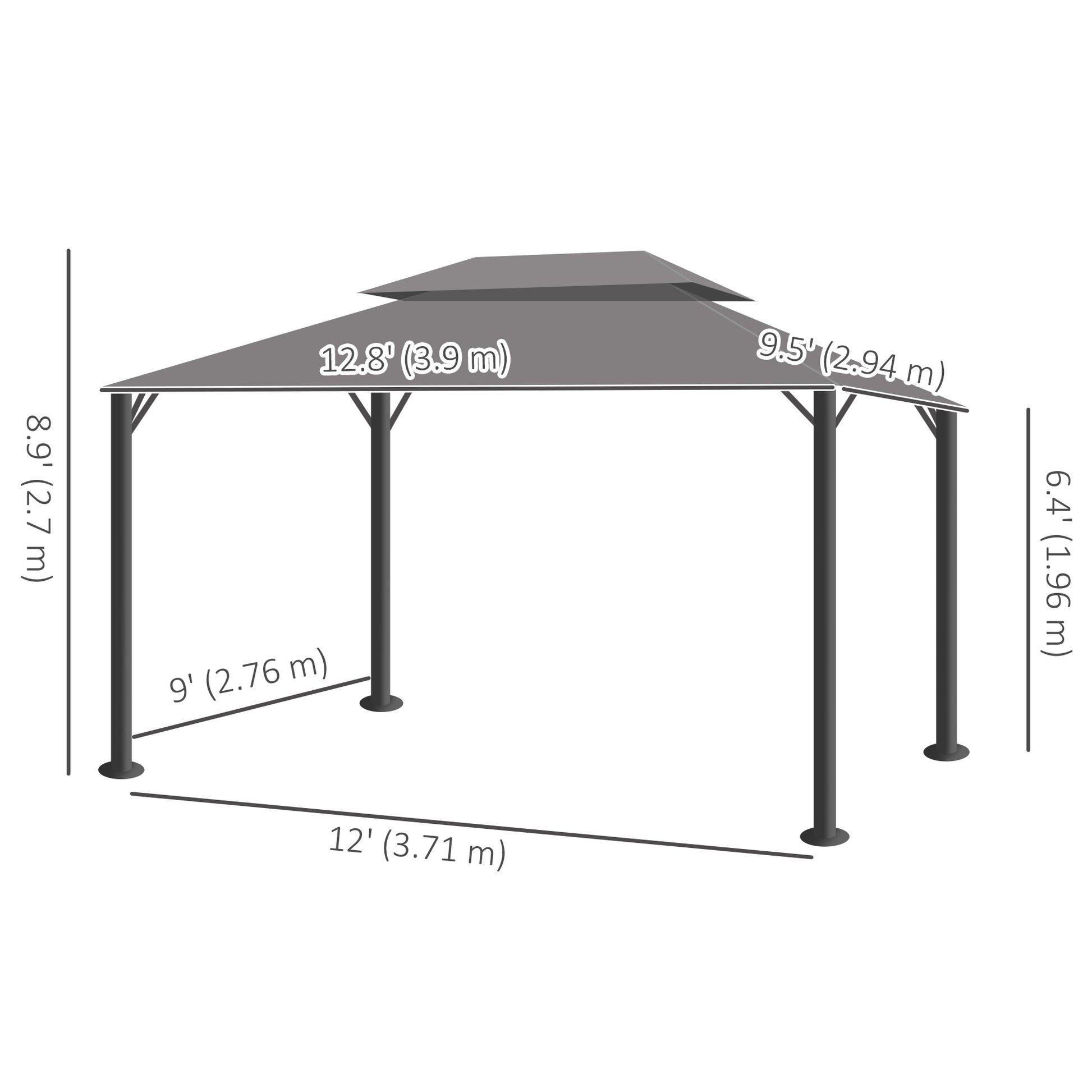 13' x 10' Patio Gazebo Canopy with 2-Tier Polyester Roof, Vented Mesh Sidewall & Strong Aluminum Frame, Medium Grey