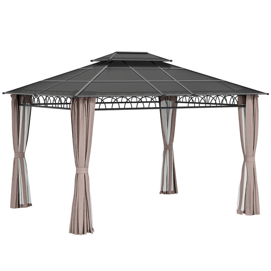 10' x 12' Outdoor Gazebo Canopy, Double Roof Hardtop Gazebo with Polycarbonate Roof, Steel Frame, Nettings and Curtains, for Garden, Lawn, Backyard and Deck, Khaki