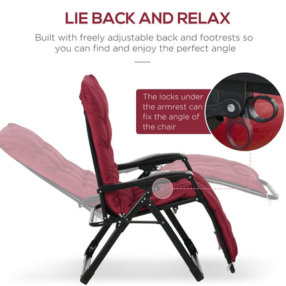 Folding Garden Chairs Set of 2, Reclining Zero Gravity Chair, Sun Lounger with Cushion and Headrest, Wine Red