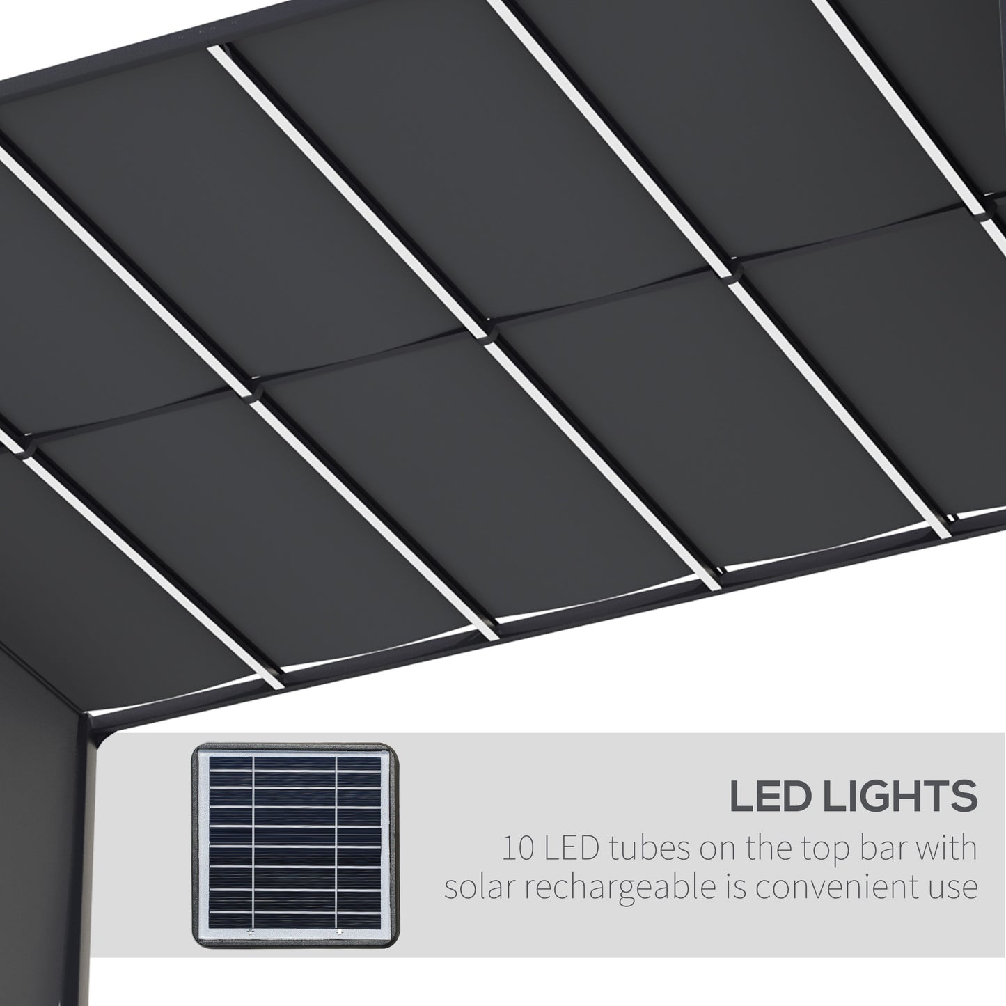 10' x 13' Outdoor Patio Pergola with Sliding Roof, LED Lights, Solar Powered for Garden, Lawn, Backyard, Dark Grey