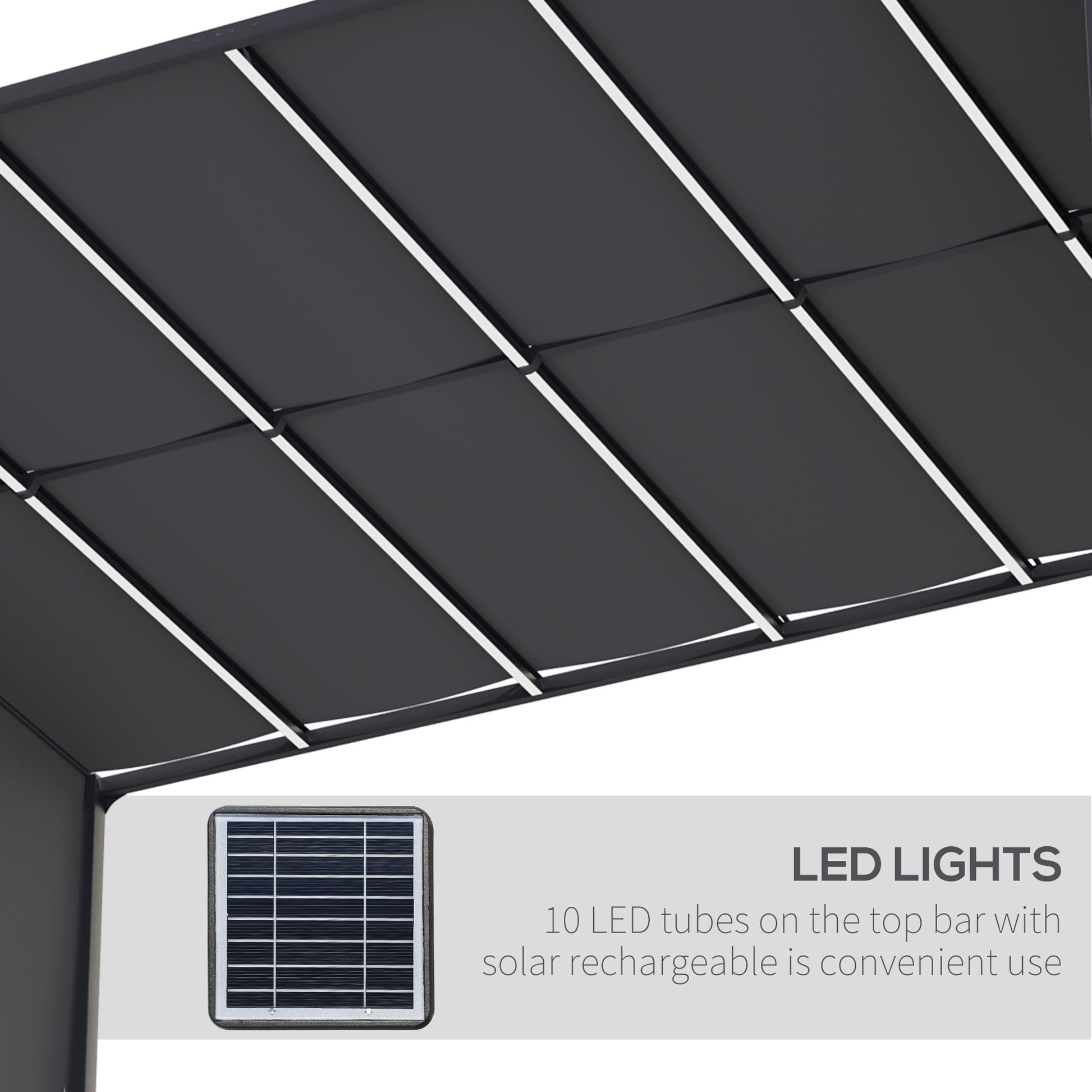 10' x 13' Outdoor Patio Pergola with Sliding Roof, LED Lights, Solar Powered for Garden, Lawn, Backyard, Dark Grey
