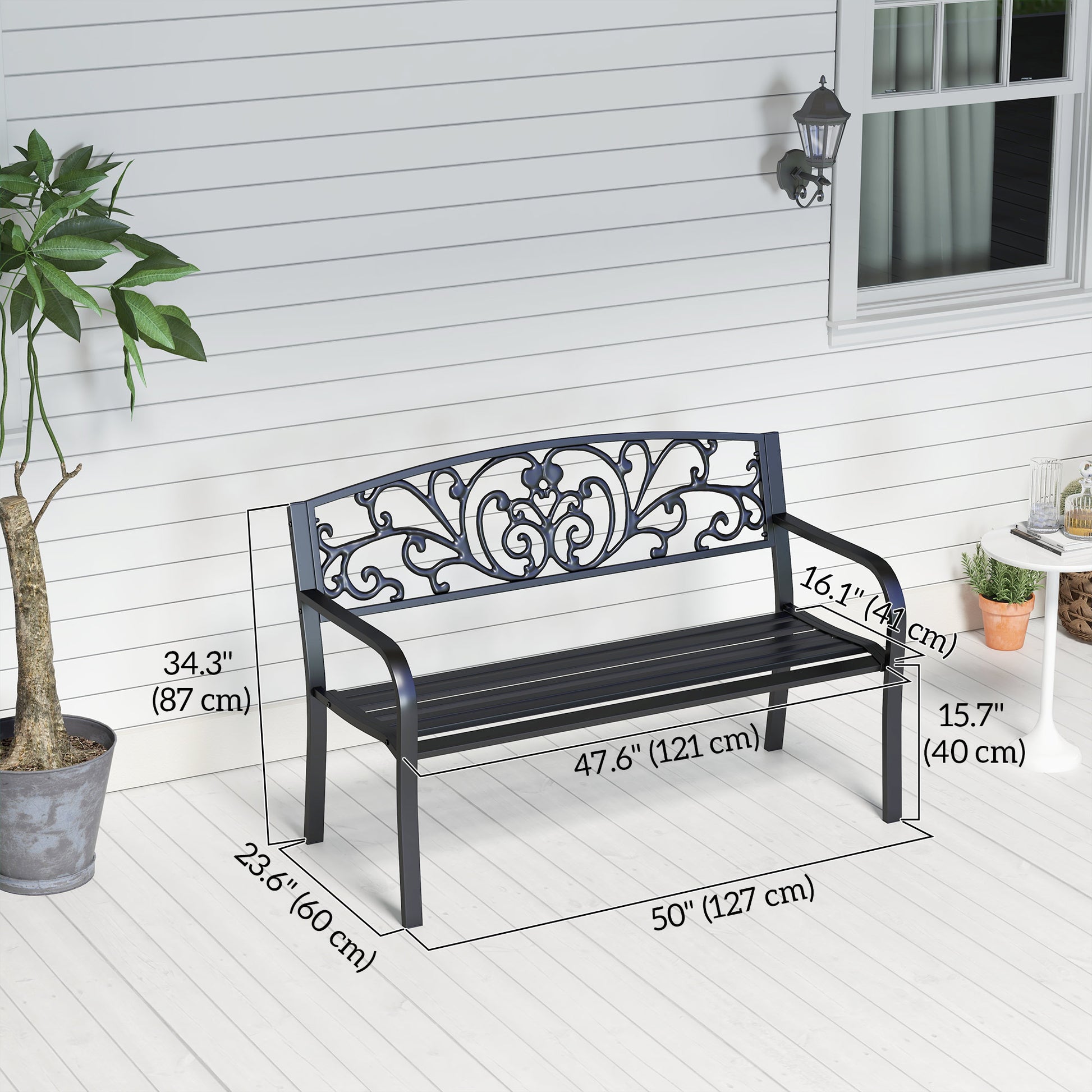 50" 2-Seater Garden Bench Chair, Outdoor Blossoming Pattern Garden Decorative Loveseat Bench for Yard, Lawn, Porch, Black