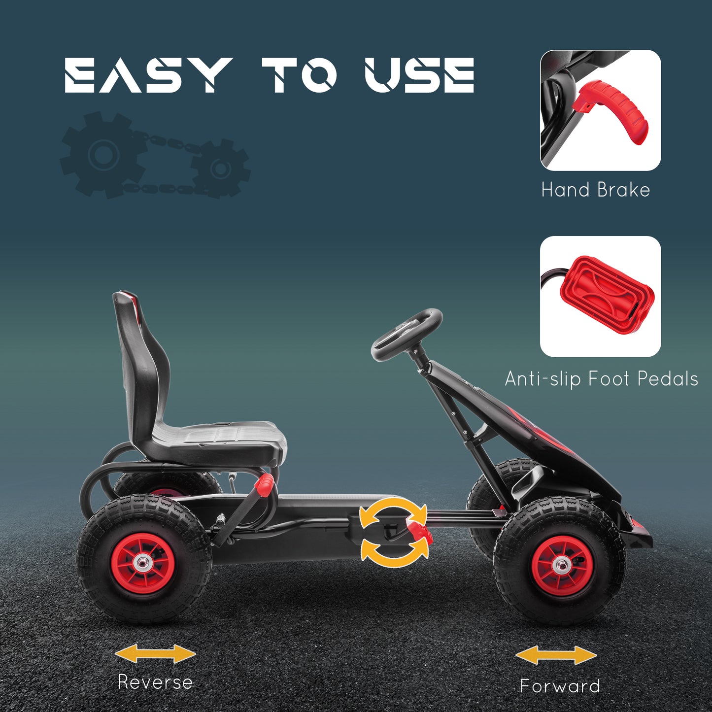 Aosom Kids Pedal Go Kart, Ride On Toys for Boys Girls with Ergonomic Adjustable Seat, Rubber Wheels Shock Absorb, Safety Hand Brake, Ages 5-12 Years Old, Red