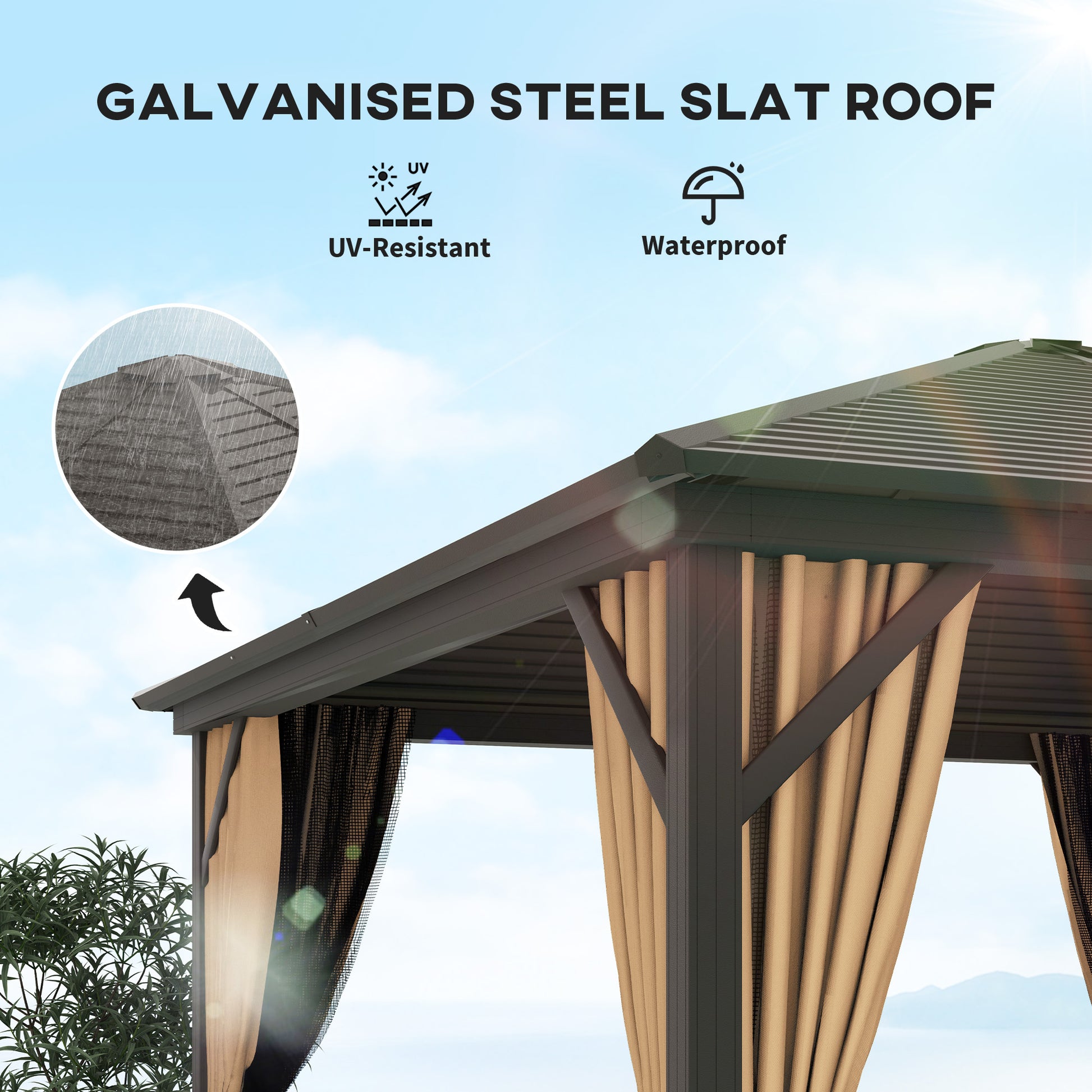 10' x 10' Hardtop Gazebo Outdoor Aluminum Gazebo Canopy with Mosquito Netting, Curtains, Hanging Hook, Brown