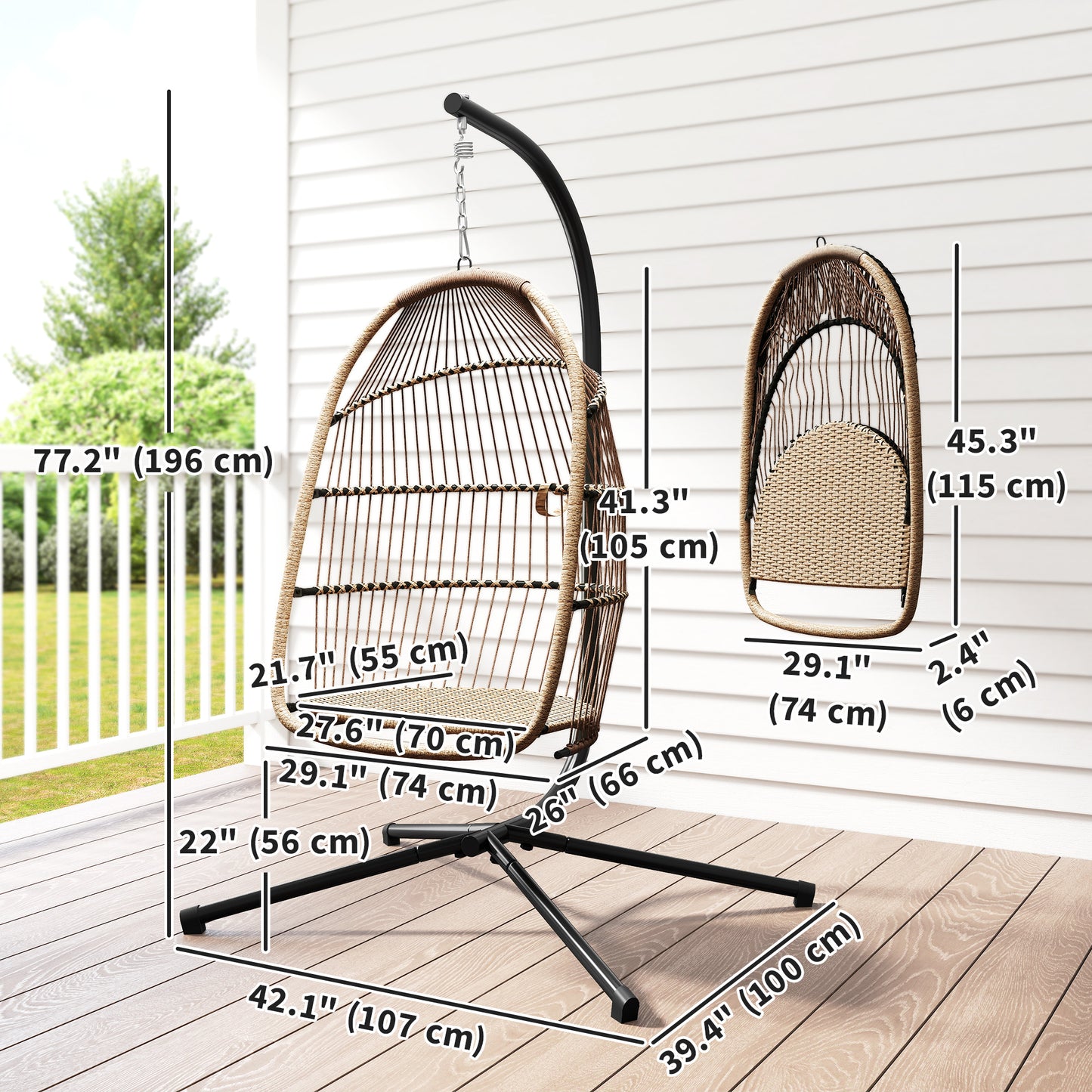 Wicker Egg Swing Chair with Stand, Foldable Hanging Egg Chair with UV Resistant Cushion, Headrest, Beige