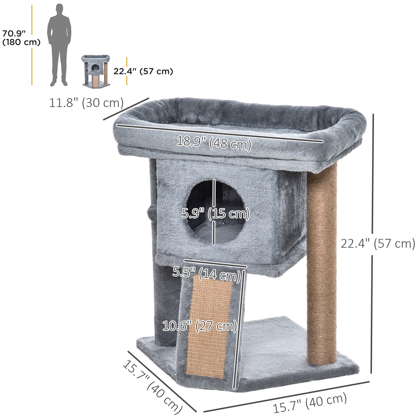 Cat Tree, Small Cat Tower with Perch, Scratching Post, Cat Condo, Toy Ball for Kitty, Indoor Use, Grey