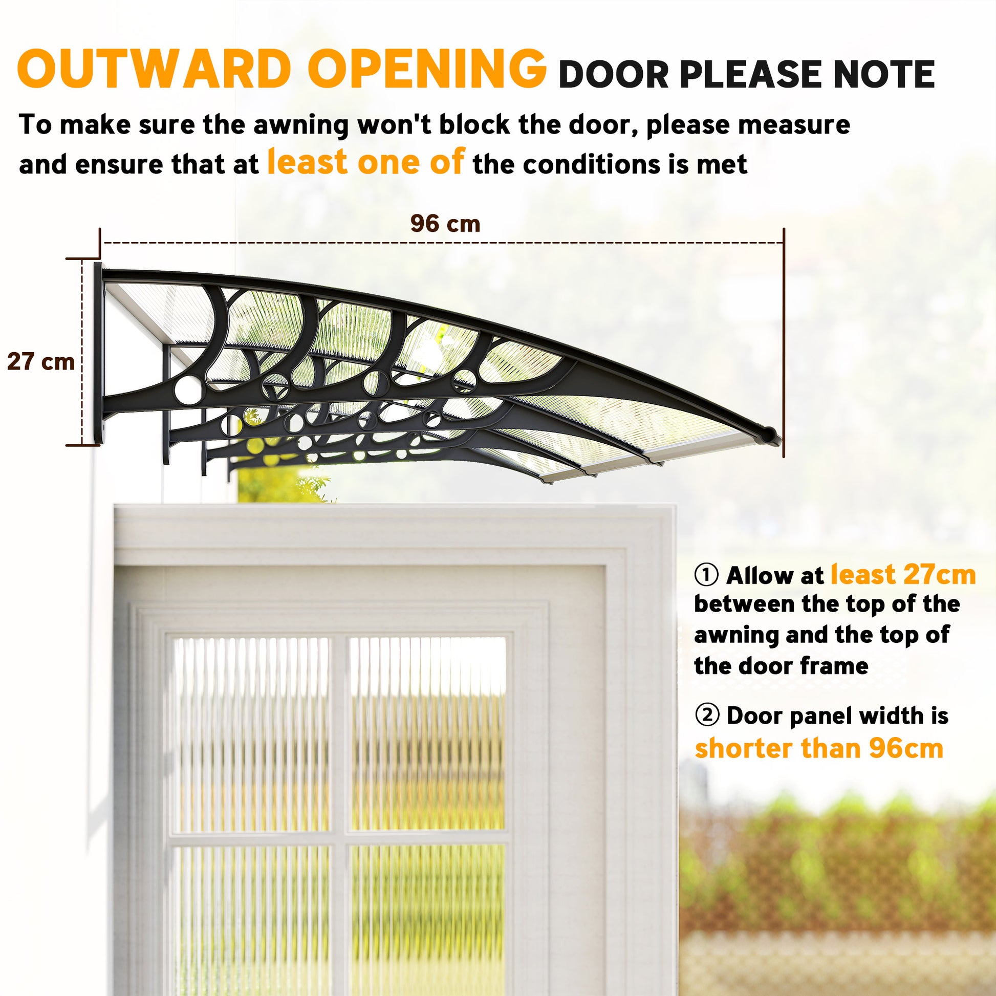 Awning Door Canopy, 119.3" x 37.8", Polycarbonate Front Door Outdoor Patio Cover for UV Protection, Clear
