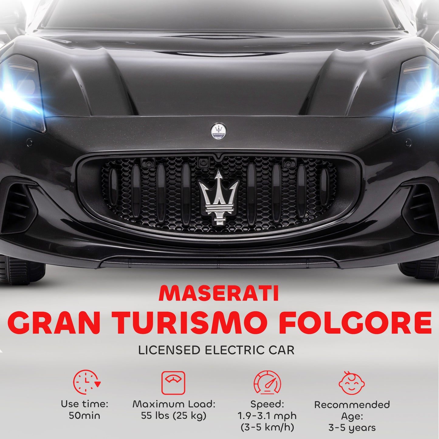Qaba 12V Maserati Gran Turismo Licensed Kids Electric Car w/ Remote Control, Soft Start, LED Lights, Music, Horn, MP3, Black