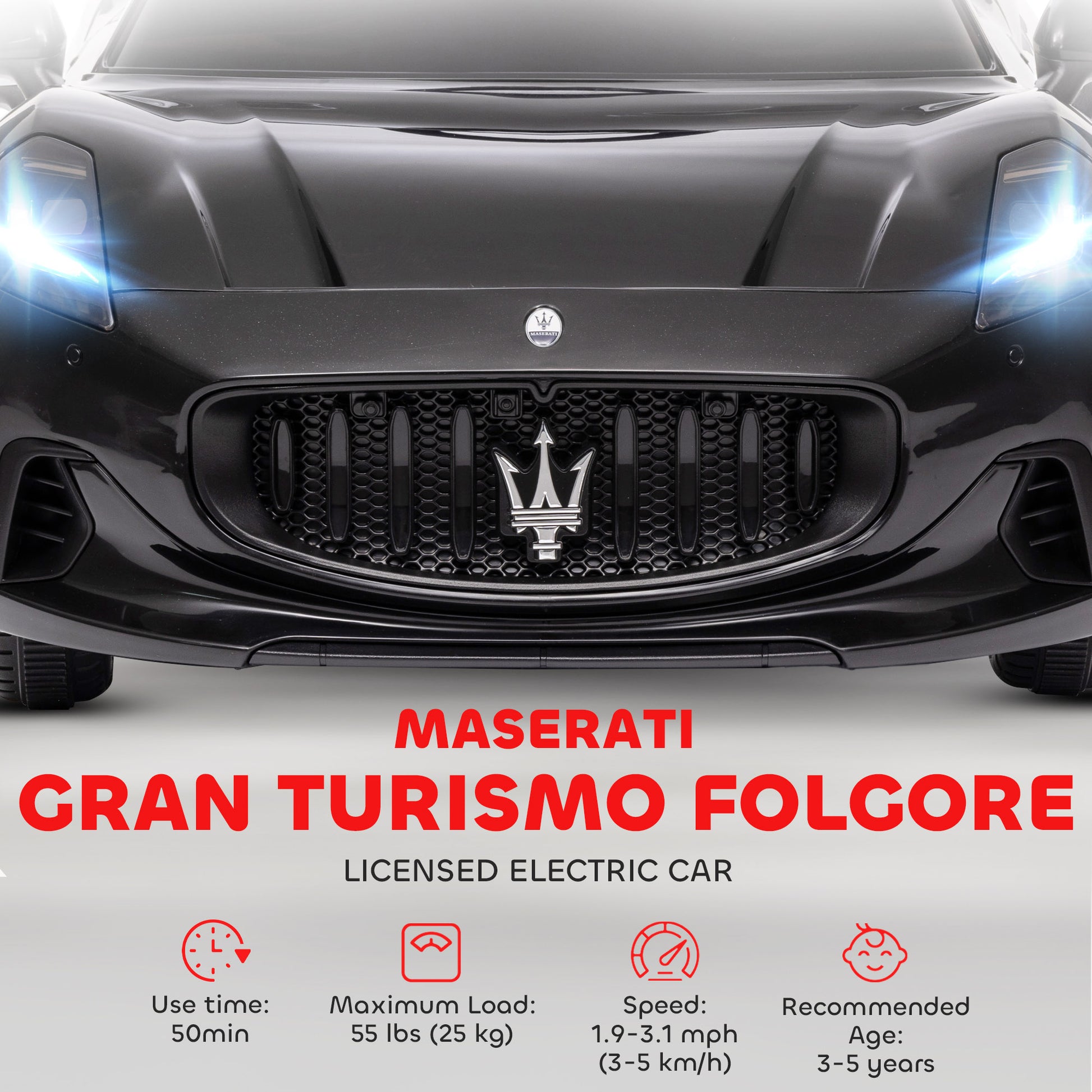 Qaba 12V Maserati Gran Turismo Licensed Kids Electric Car w/ Remote Control, Soft Start, LED Lights, Music, Horn, MP3, Black