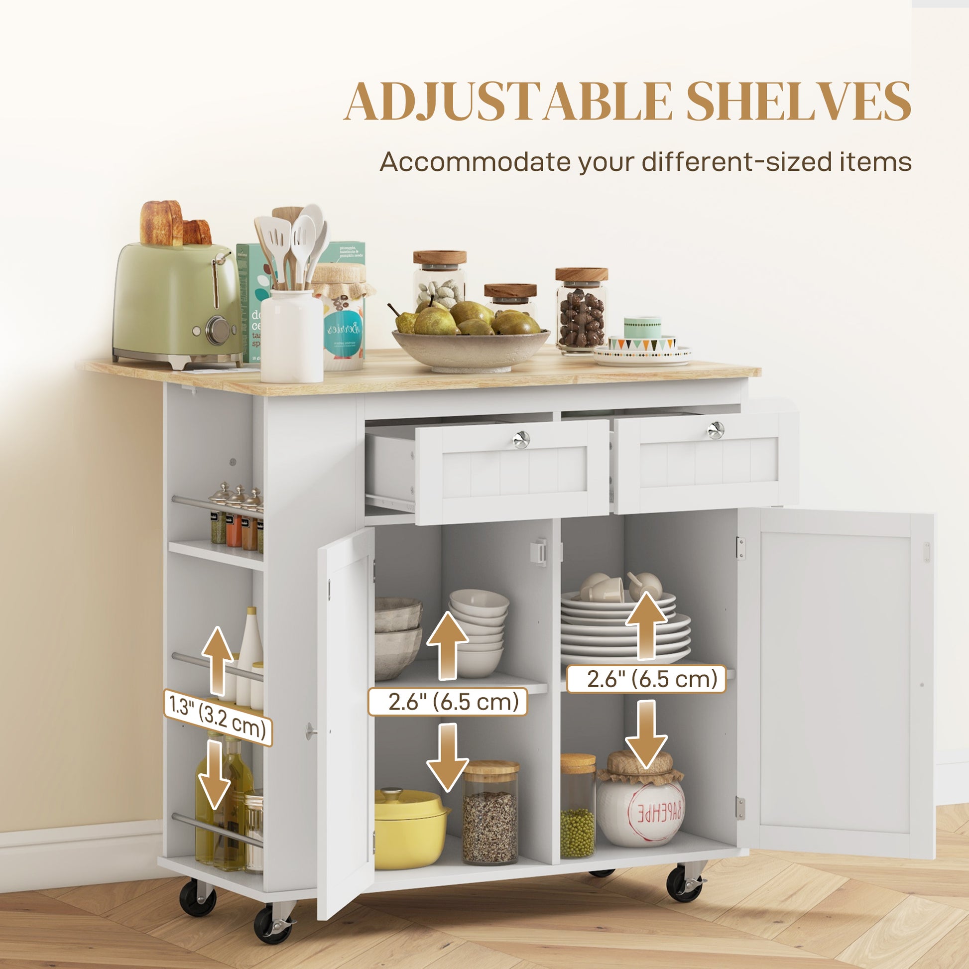 Kitchen Island with Power Outlet and Drop Leaf, Rolling Kitchen Cart with 2 Drawers and Adjustable Shelves, White