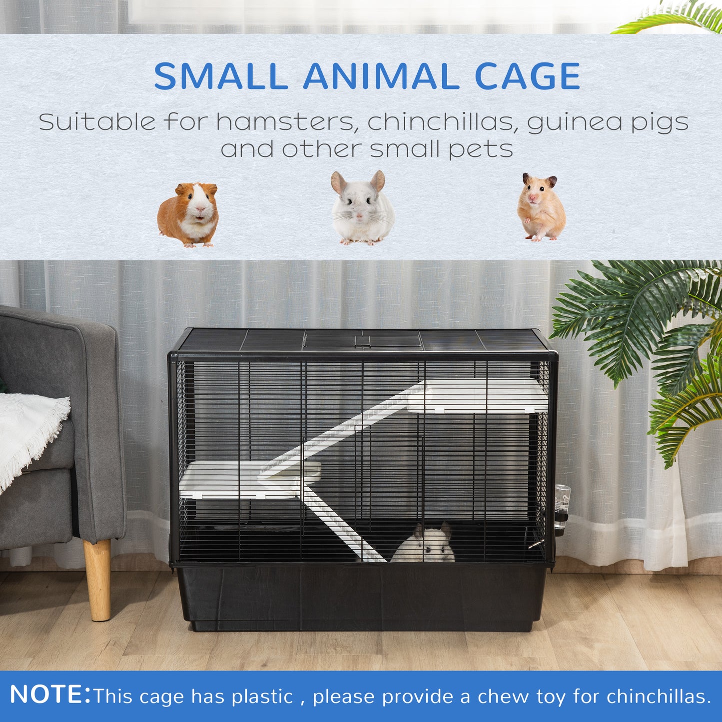 3-tier Hamster Cage, Guinea Pig Cage, Pet Chinchillas Play House Indoor with Accessories Food Dish Water Bottle, Ramps, 31.5"x19"x 23", Black