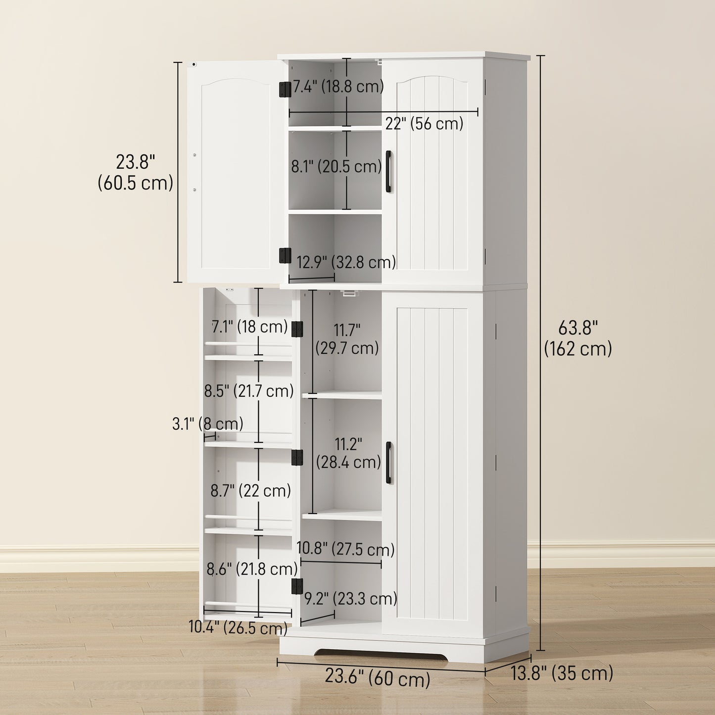 Tall Pantry Cabinet, 64" Storage Cabinet with Adjustable Shelves and 8 Door Spice Racks for Kitchen, Dining Room, White