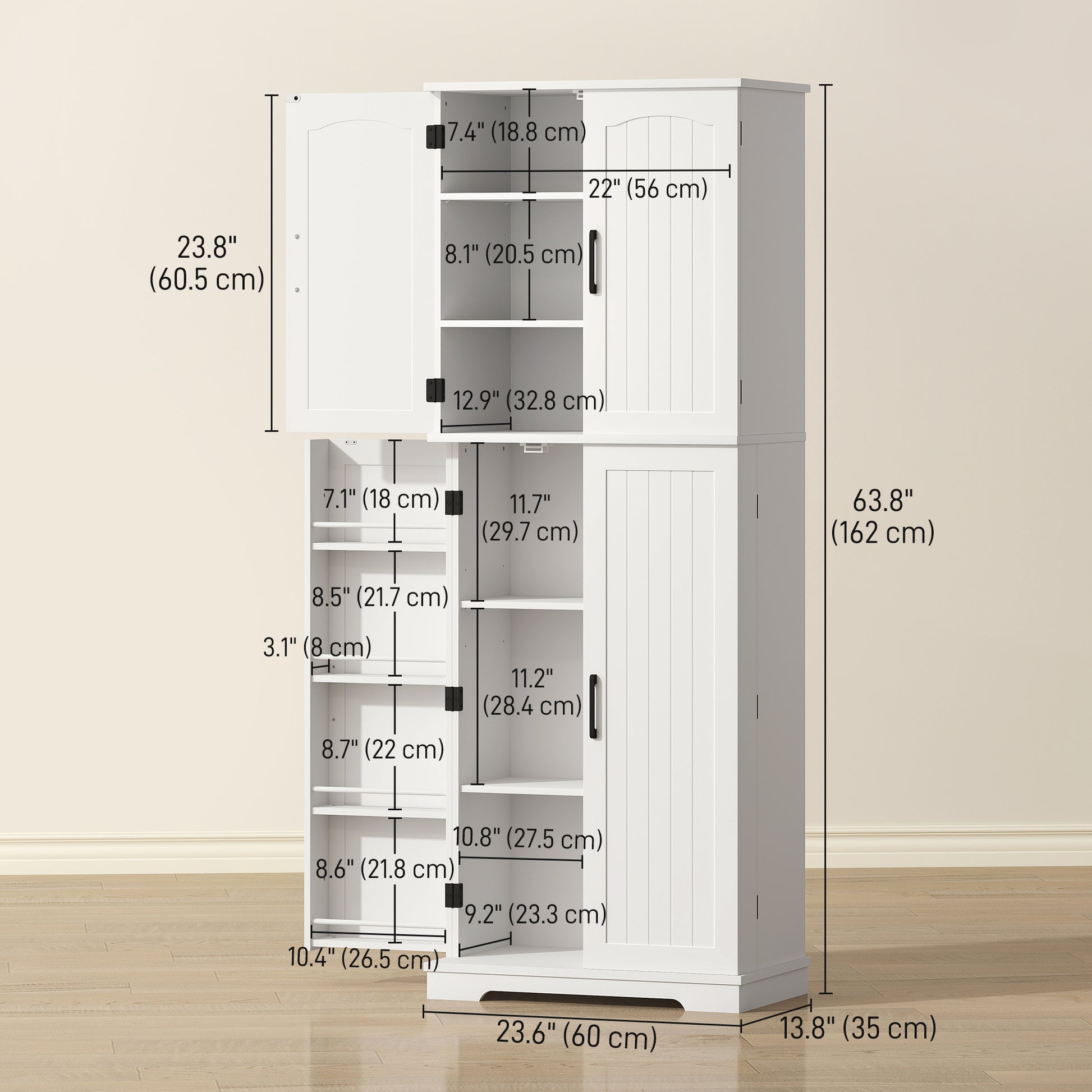Tall Pantry Cabinet, 64" Storage Cabinet with Adjustable Shelves and 8 Door Spice Racks for Kitchen, Dining Room, White