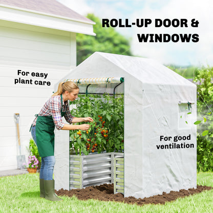 Greenhouse with Raised Garden Bed, Galvanized Metal Planter Box with PE Cover, Roll Up Door, 56" x 56" x 75", White