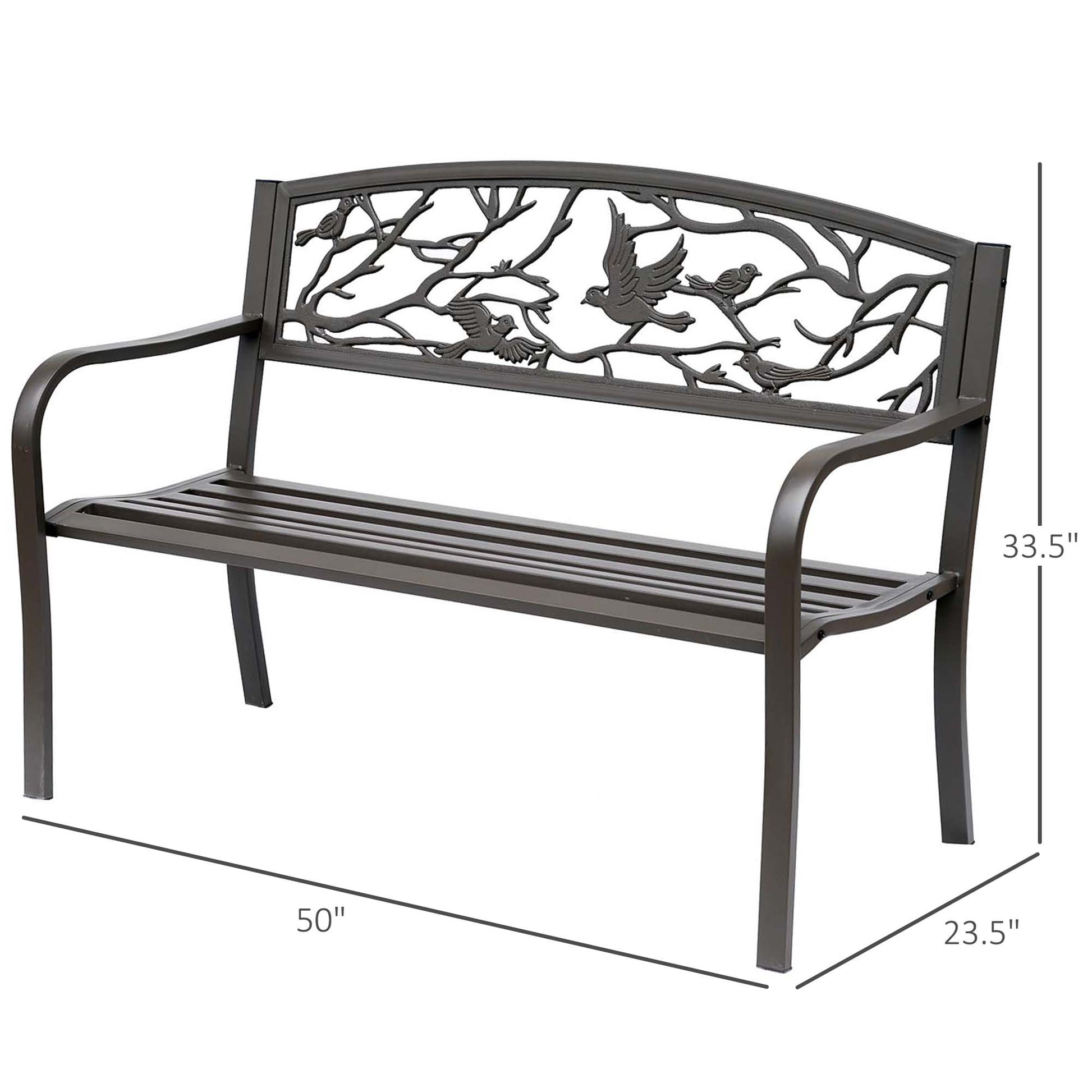 50" Garden Bench Outdoor Loveseat with Vintage Bird Pattern Cast Metal - Brown