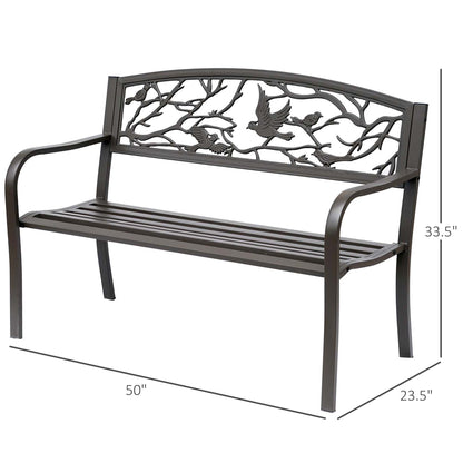 50" Garden Bench Outdoor Loveseat with Vintage Bird Pattern Cast Metal - Brown